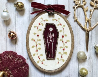 Festive Velvet Skeleton Coffin 4x5" Embroidery Hoop