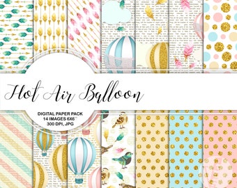 Hot Air Balloons Digital Paper Pack  Instant Download Printable Gold Glitter Bird Feathers Arrows Pink Blue Cream Baby Boy Girl 6x6"