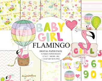 Cute Pink Flamingo Digital Paper Pack  Instant Download Printable Hot Air Balloon Baby Girl Nursery Baby Shower Hot Pink Green ClipArt 12x12