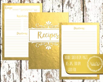 Recipe Book Recipe Pages Recipe Book Cover Gold Foil Double Sided A5 Kitchen Calligraphy JPG High Quality 300 DPI A5 Instant Download