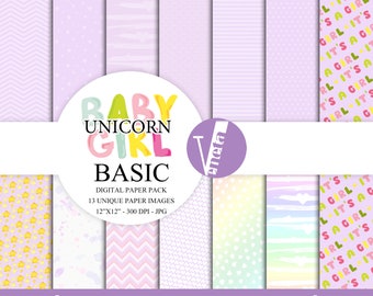 Baby Girl Basic Digital Paper Pack  Instant Download Printable Baby Girl Nursery Baby Shower Purple Basic Rainbow DIY Dots CAS ClipArt 12x12