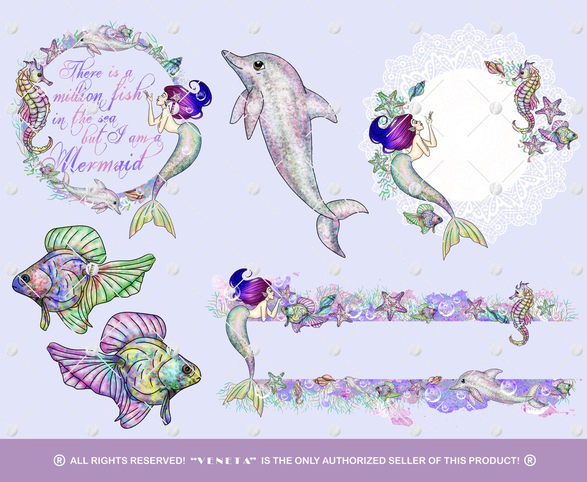 Ocean Mermaids Clipart Collection Printable Blue Purple Aqua Under the ...