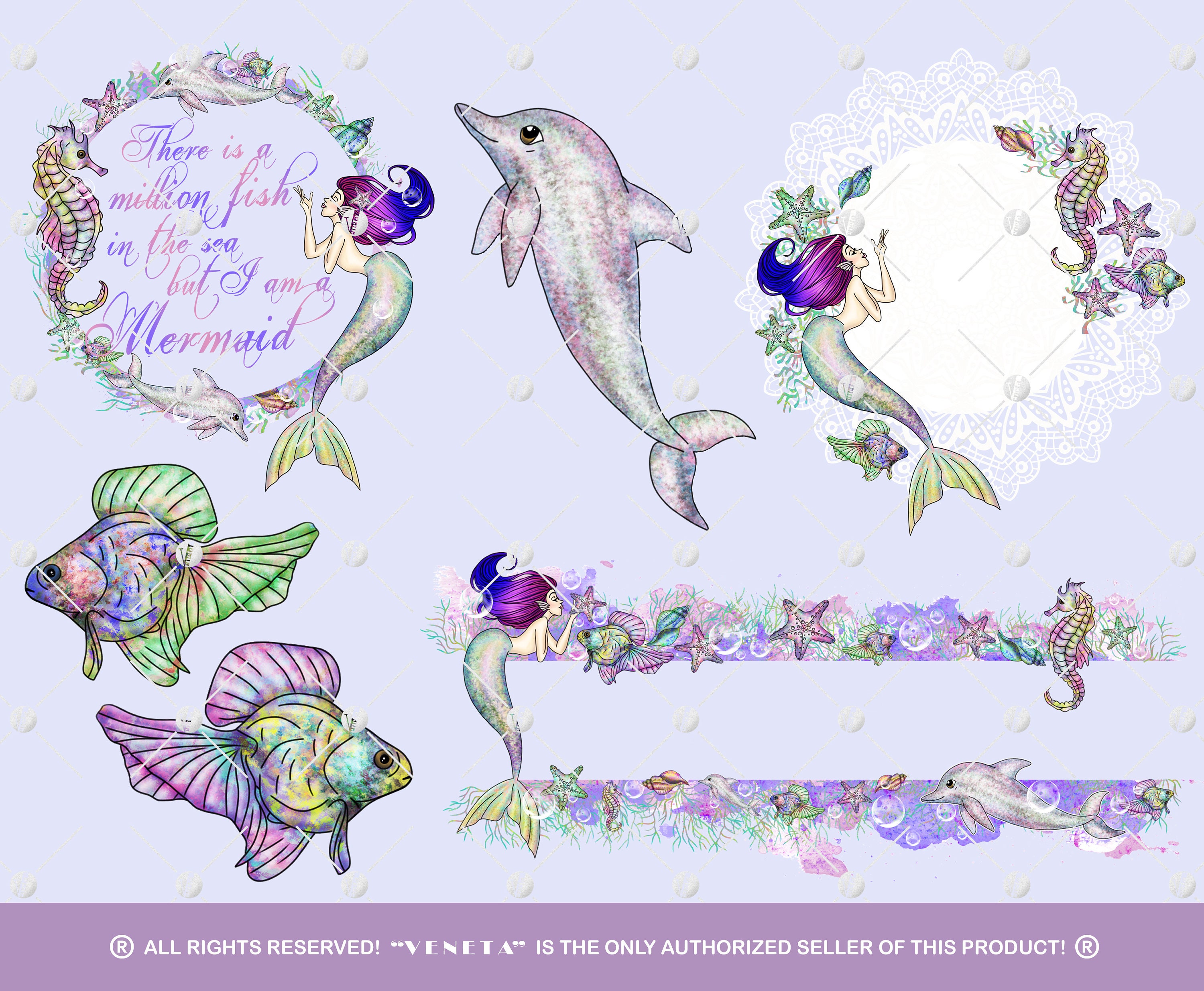Ocean Mermaids Clipart Collection Printable Blue Purple Aqua Under the ...
