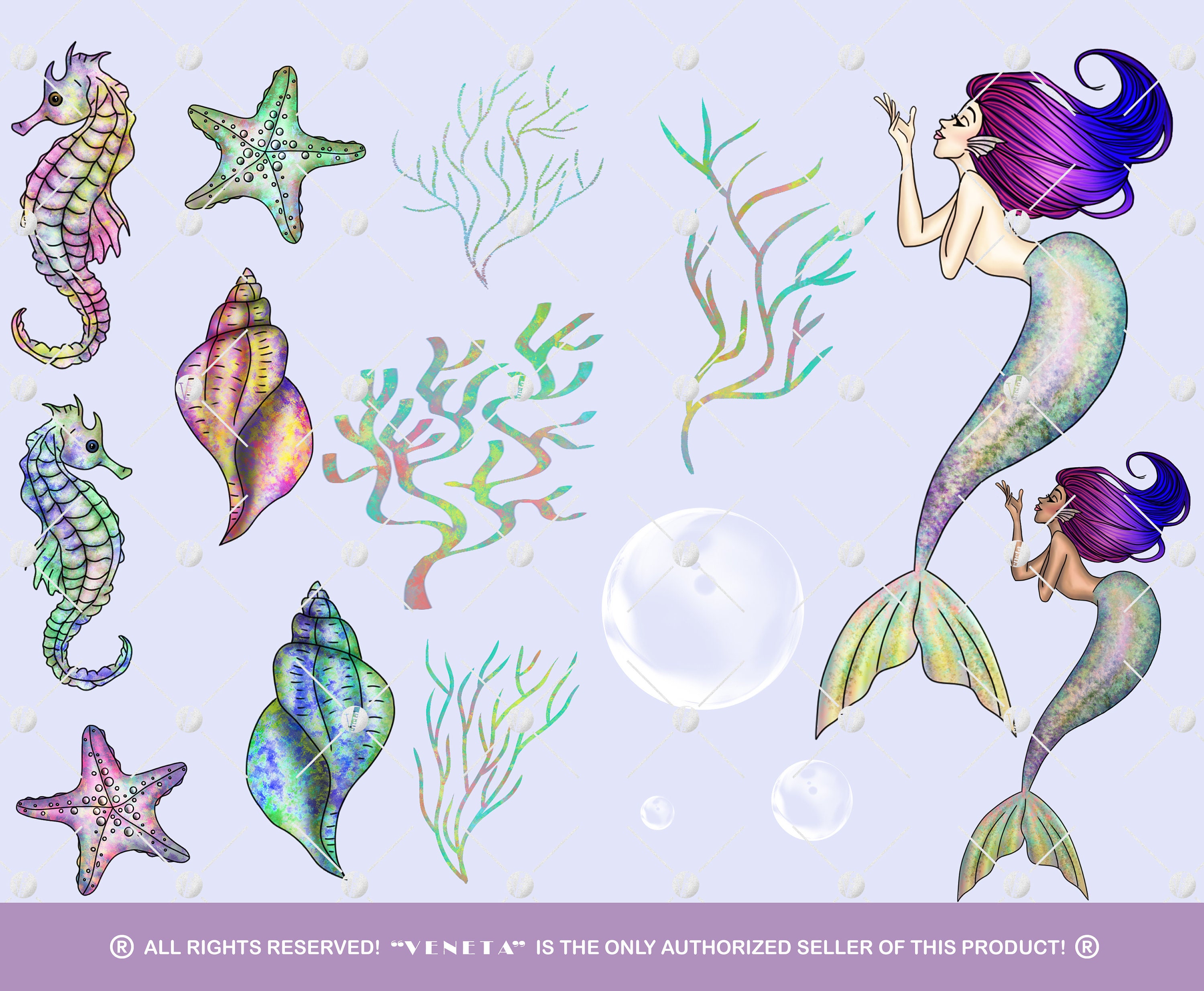 Ocean Mermaids Clipart Collection Printable Blue Purple Aqua Under the ...