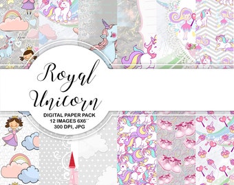 Unicorn Rainbow Fairy Digital Paper Pack Instant Download Printable Baby Girl Pink Blue Mint Unicorn Rainbow Fairy Princes Girl Clouds 6x6"