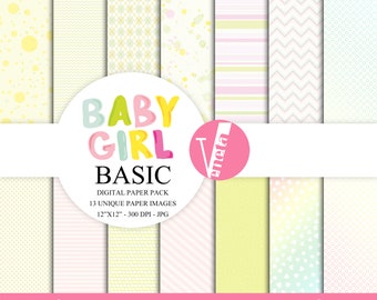 Baby Girl Basic Digital Paper Pack  Instant Download Printable Baby Girl Nursery Baby Shower Pink Green Basic Stripes Dots CAS ClipArt 12x12