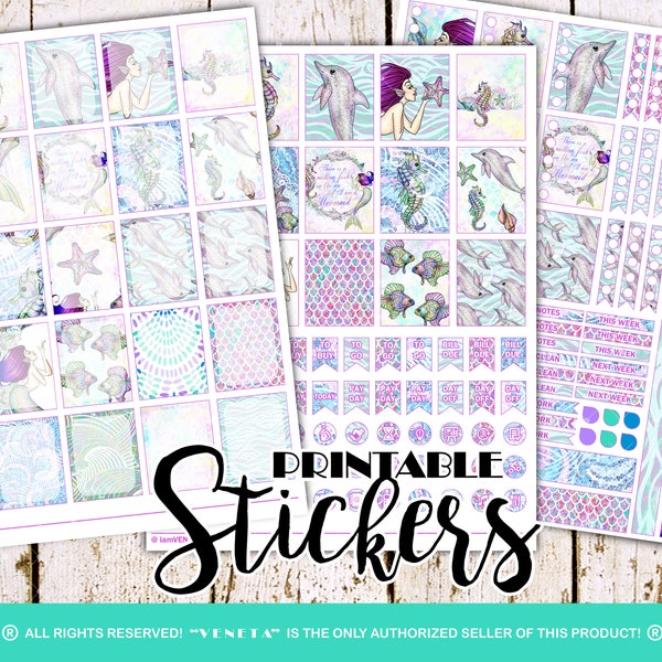 Ocean Mermaids Printable Planner Stickers Daily Planner Blue Purple Aqua Sea Star Sea Horse Fish Coral Dolphin Conch 8.5x11 Instant Download