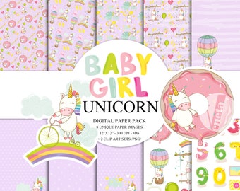 Rainbow Unicorn Digital Paper Pack  Instant Download Printable Hot Air Balloon Baby Girl Nursery Baby Shower Purple Enchanted ClipArt 12x12