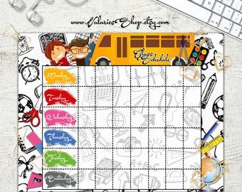 School Schedules Weekly Planner Whiteboard SchoolBus SchoolBoy SchoolGirl Class Schedule Weekly Program Organiser 8.5x11 Instant Download