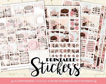 Chocolate and Peony Planner Stickers Daily Planner Stickers Blush Pink Blue Chocolate Brown Peony Cake Donut Sweet 8.5x11 Instant Download