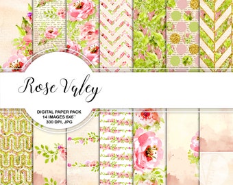 Rose Valley Digital Paper Pack Instant Download Printable Watercolor Flower Watercolor Rose Blush Pink Green Gold Glitter 6x6