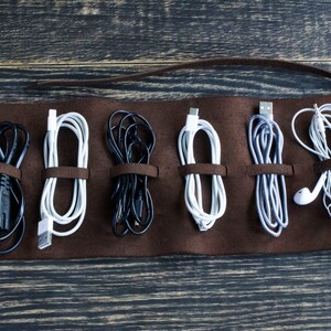 Leather cord organizer, Cable bag, Roll holder, Earphone wrap winder, Headphone holder, Travel Accessories, Personalized gift