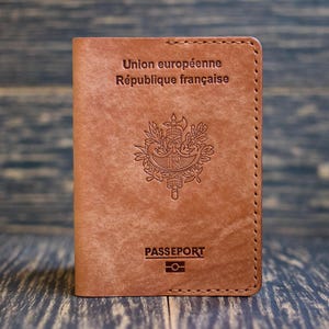 Paspoortetui, leren paspoorthoes met embleem van Frankrijk, leren paspoorthouder, hoes voor paspoort van je land, paspoorthoes cadeau
