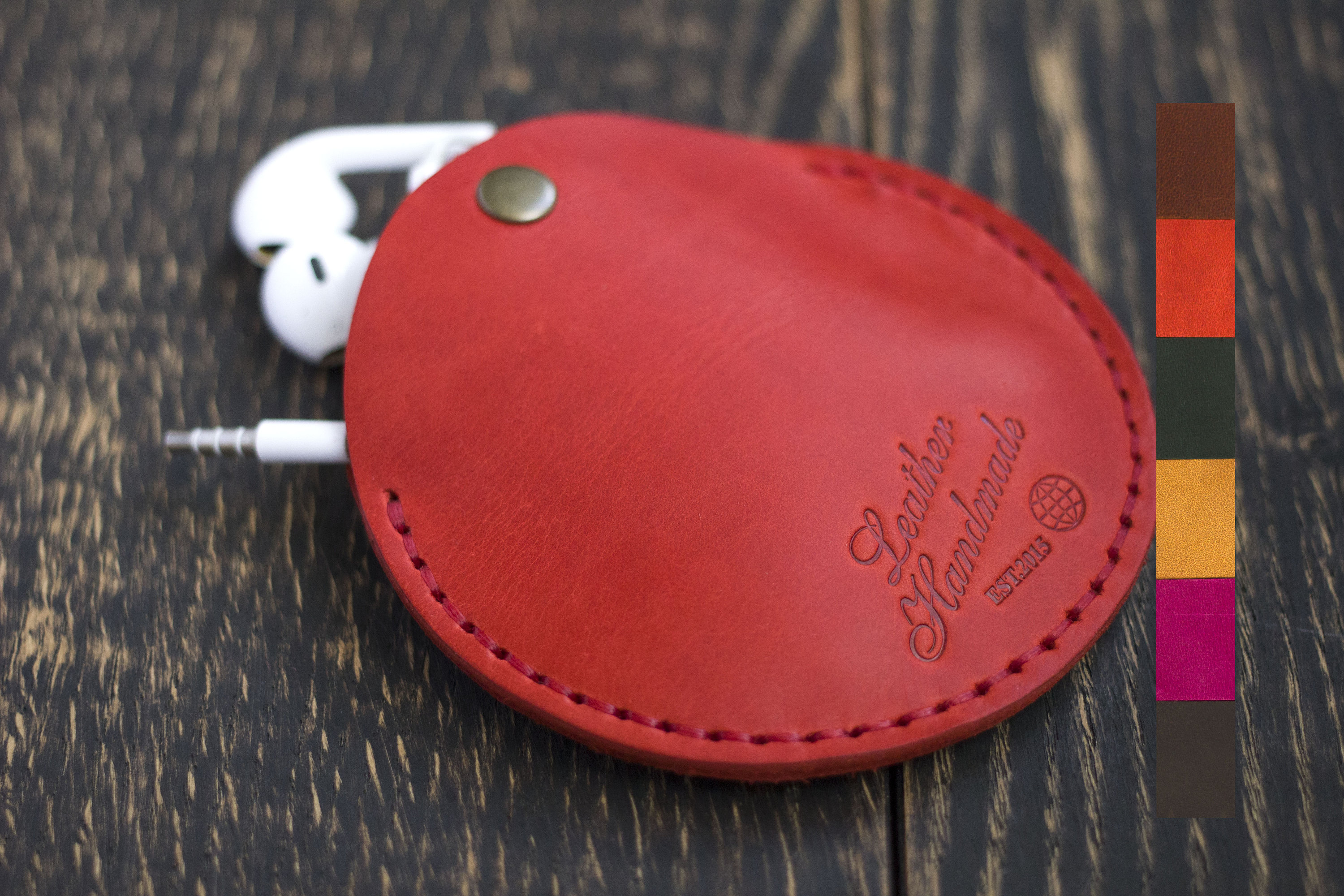 Personalized gift, Leather earphone case, Cable organizer, Earphone holder round, Case headphones