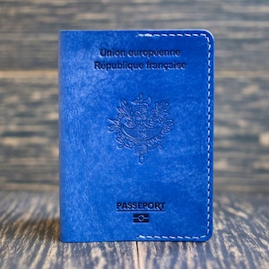 Leren paspoorthoes met embleem van Frankrijk, leren paspoorthouder, paspoortetui, hoes voor paspoort van je land, paspoorthoes cadeau