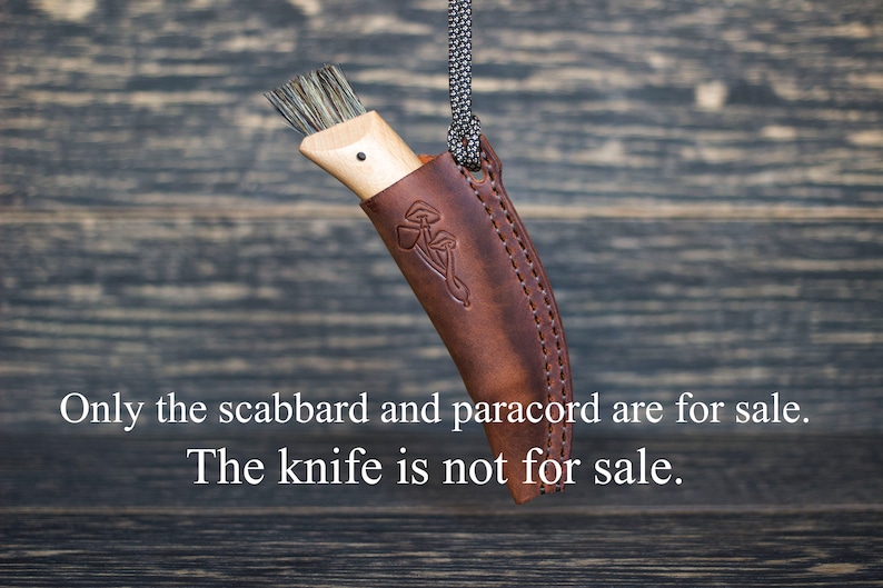 K&ouml;nnte beinhalten: Ein braunes Lederscheide mit einer Paracordschlaufe, die daran h&auml;ngt. Die Scheide hat ein gepr&auml;gtes Pilzdesign. Das Messer in der Scheide steht nicht zum Verkauf. Nur die Scheide und das Paracord sind zum Verkauf.
