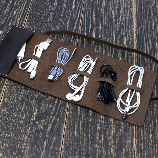 Handmade Leather Cable Organizer Set: Snap Closure, Cord Keeper