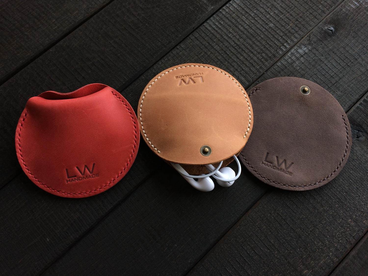 Leather Earphone Case Cable Organizer Earphone Holder Round Etsy