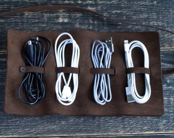 Cable organizer, Personalized gift, Leather cord holder, Headphone holder, Travel accessories