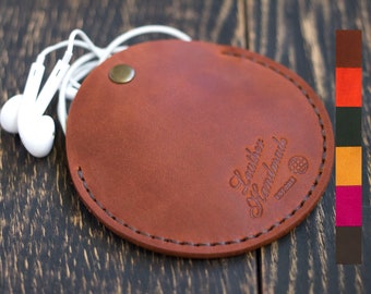 Leather Earphone case Cable organizer Earphone holder round case headphones Personalized Gift