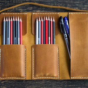 Leather pencil case, Personalised gift, Fountain pen case, Roll up pencil case, Pencil wrap