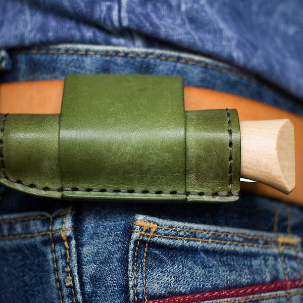 Personalized leather sheath for Opinel No.6.7.8, Sheath from vegetable tanned leather LA PERLA AZZURRA green color, Horizontal sheath