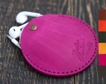 Kabel organizer, lederen oortelefoon geval, gepersonaliseerd cadeau, oortelefoon houder rond, case hoofdtelefoon