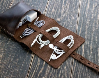 Organizador de cabos, Organizador de cabos, Estojo de couro, Bolsa para cabo, Acessórios de viagem, Suporte de cabo de couro, Suporte para fone de ouvido, Presente personalizado