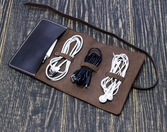 Cord organizer for 3 cables, Cable organizer, Personalized gift, Travel accessories, Leather cable holder, Headphone holder