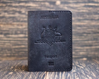 Passport case, Passport holder, Australia Emblem Leather Passport Cover, Cover for your country's passport, Leather Passport Cover