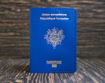 Funda de cuero para pasaporte (Francia), porta pasaporte para viajes, billetera fina de cuero, funda para pasaporte hecha a mano, accesorios de viaje, regalo de cumpleaños