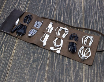 Organizador de cabos para 6 cabos, estojo de couro para cabos, bolsa para cabos, acessórios de viagem, suporte para fones de ouvido, perfeito para presentear.
