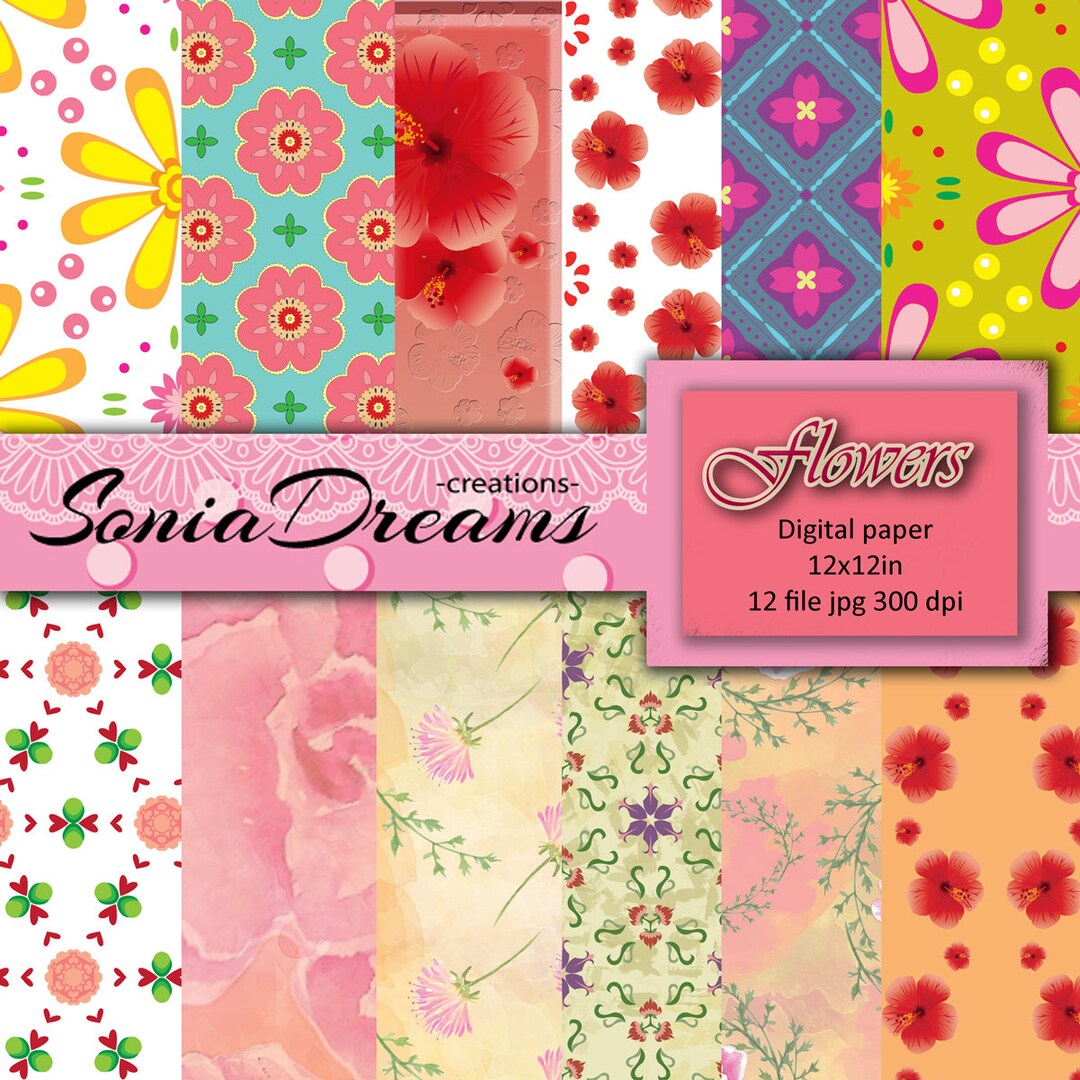 FLORAL DIGITAL PAPER, 12in X 12in, 12 Jpeg Instant Download, Printable ...