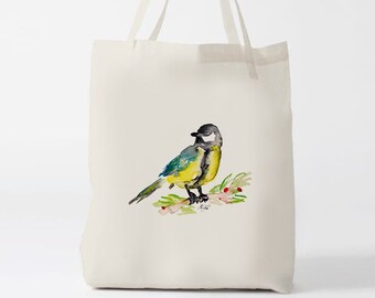 tit bird, watercolor, totebag, bag, cotton bag, painting, arty, spring