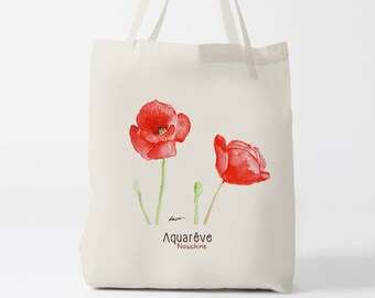 Tote bag, cotton bag , with a watercolor of poppy flowers, south of France, Provence, illustration, arty, romantic