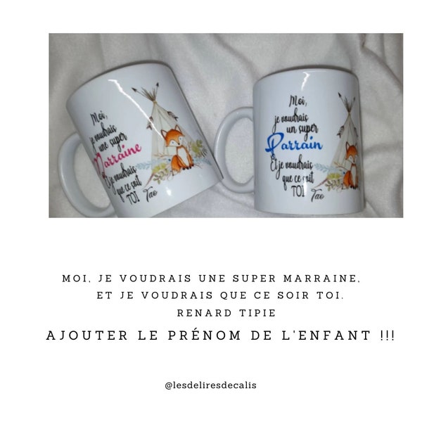 Mug Parrain Marraine, duo, solo, veux-tu être ma marraine?, Veux tu être mon parrain? Thème, Renard