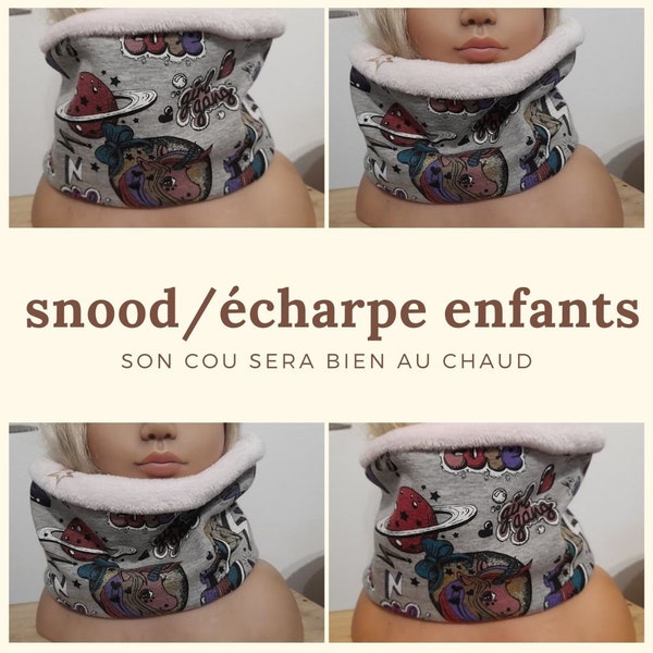 Snood, écharpe, tour de cou bébé, jersey et polaire rose étoile doré, réversible, licorne paillette