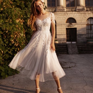 Short Tea Midi Length Wedding Dress With Sleeves GOLDIE - Etsy