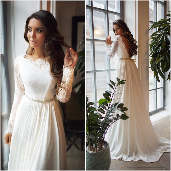 lace open back wedding dress long sleeve