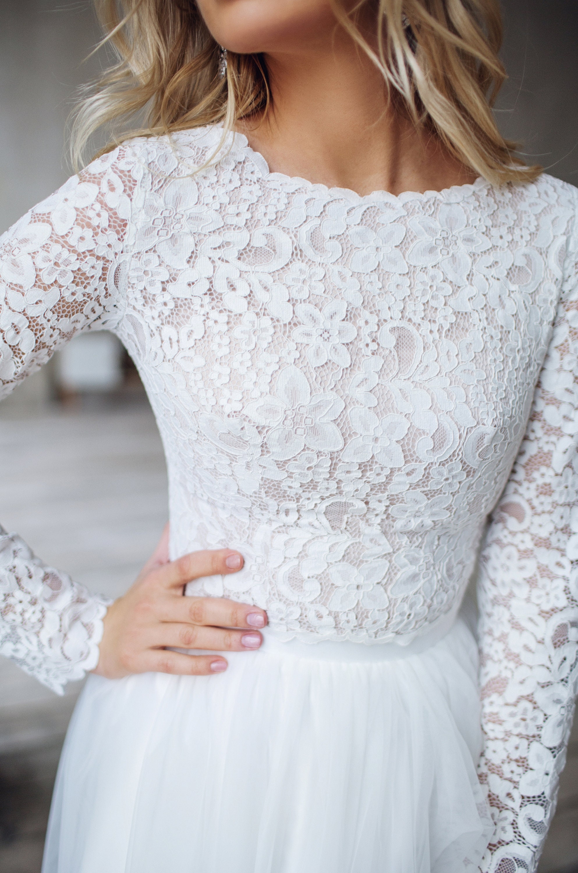 A R W E N Lace Crop Top and Tulle Skirt With Slit Bridal - Etsy Australia