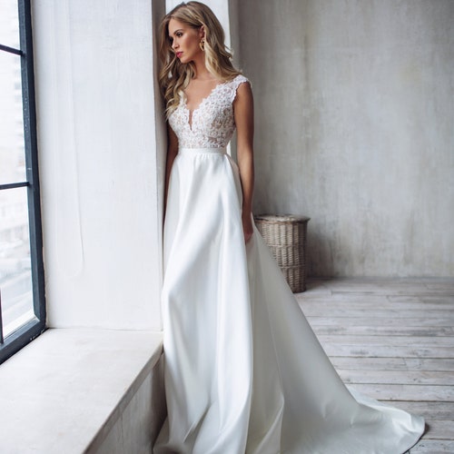 Satin Long Sleeves Wedding Dress Elegant Dress Romantic | Etsy
