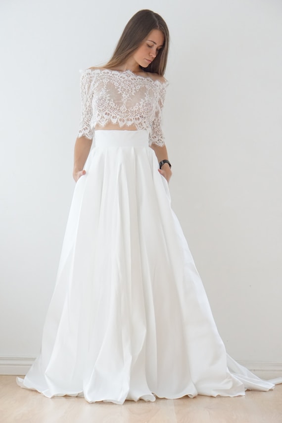 satin skirt lace top wedding dress