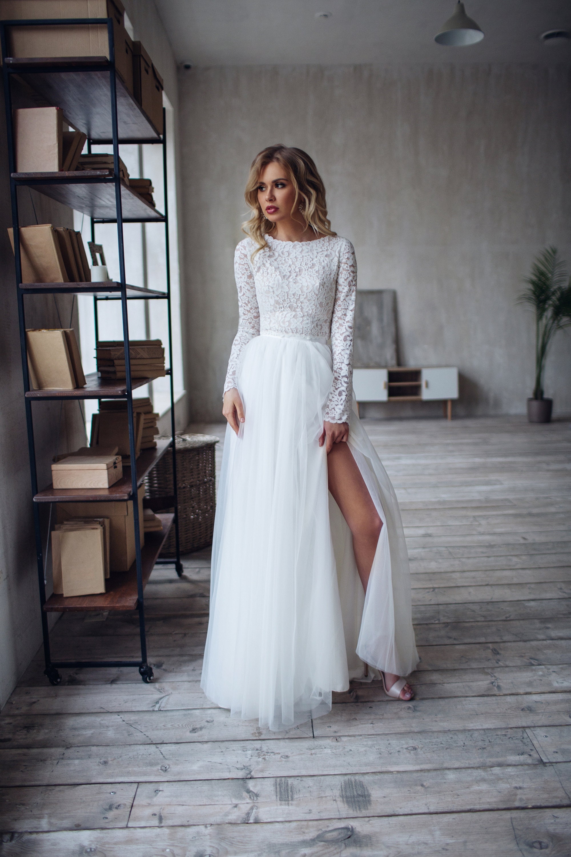 A R W E N Lace Crop Top and Tulle Skirt With Slit Bridal Separates Etsy Australia