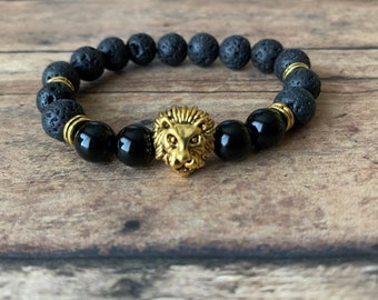 Lava Rock Bracelet with Gold Lion Head: Black Onyx Gemstone