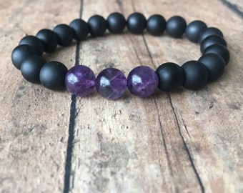 8mm Matte Black Onyx Bracelet with Amethyst Accent Beads – Natural Gemstone Beaded Jewelry | Handmade Stretch Bracelets