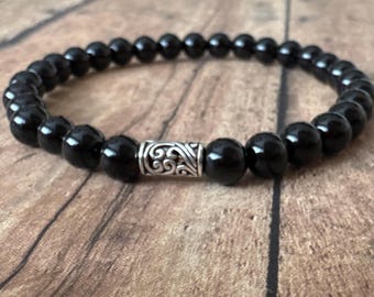 6mm Black Tourmaline Bracelet – Handmade Gemstone Bead, Silver Accent