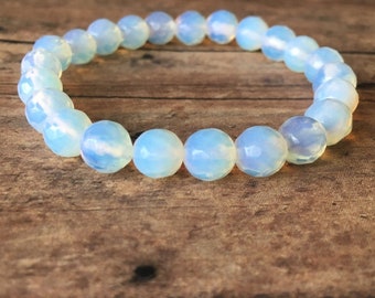 Handmade 8mm Man-Made Opalite Bracelet – Faceted Beads with Moonstone Effect, Stretch Bracelet, Unisex Jewelry