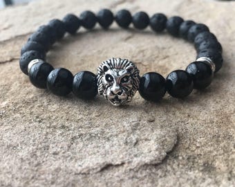 8mm Lava Rock Bracelet with Silver Lion Head – Natural Gemstone Beaded Jewelry | Handmade Stretch Bracelet