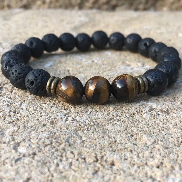 8mm lava rock Bracelet, Beaded Bracelet, Men's Bracelet, tiger eye volcanic lava bracelet, black gold bracelet, diffuser bracelet