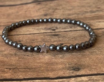 4mm Hematite Bracelet – Natural Black Gemstone Beads, Handmade Stretch Beaded Bracelet, Minimalist Unisex Jewelry Gift